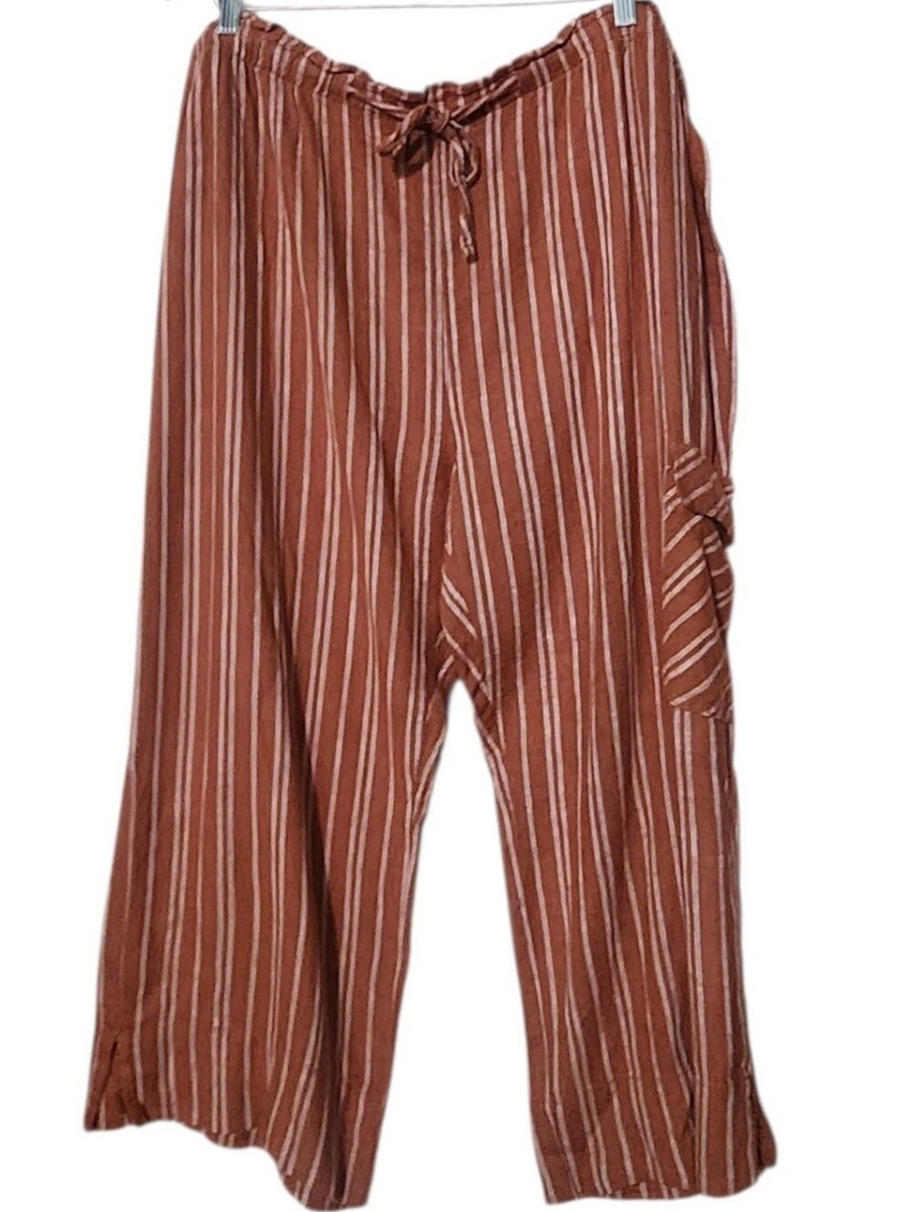 Dash Striped Linen-Blend Wide-Leg Cargo Pants In Terracotta & White NWT
